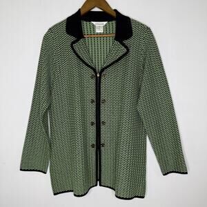 Misook Jacket Womens Large Green Black Knit Zip Front Collared Sweater Coat